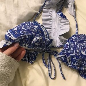 Blue & White ruffle triangle bikini top